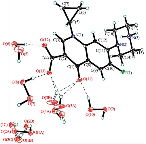 Asymmetric unit in the structure 2. Displacement ellipsoids are shown at 50% probability level. Hydrogen bonds are drawn by dashed lines. Minor components of disorder are depicted by open lines. 